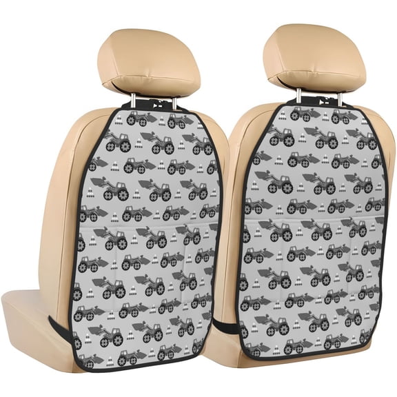 Kdxio Gray Tractor Print 2 Pack Car Kick Mat Seat Cover Back Protector Mat with Pockets for Organizer Backseat Protector and Storage Anti Kick Pad for Vehicles