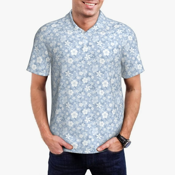 Kdxio Gray White Floral Print Men's Short Sleeve Polo Shirt,Midweight Men's Shirt