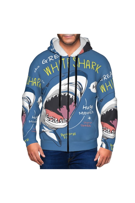 Great White Shark Print Men Hoodies Casual Hoodies for Men with Zip Pockets Full Zip Long Sleeve Sweatshirt Sports Hooded Jacket-Large