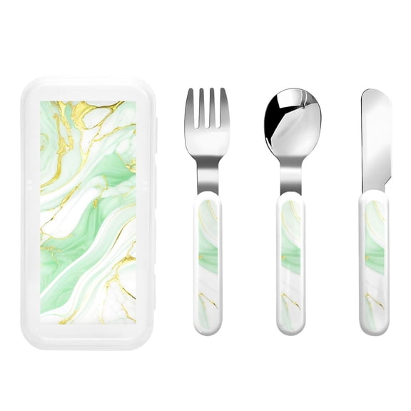 Kdxio Green And Gold Abstract Marble Toddler Utensils Set - Kids Silverware Set, Set Kids Utensils Set with Case for Preschooler Children