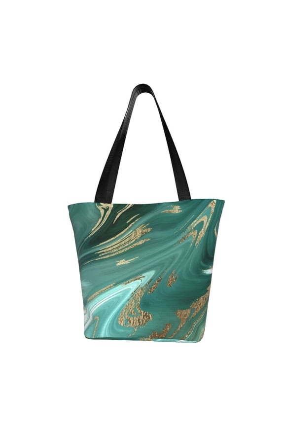 Green And Gold Marble Women Reusable Grocery Bags Foldable Ripstop,Reusable Shopping Bags for Shopping,Gym,Gift