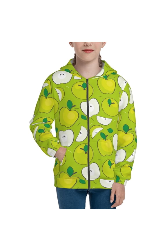 Green Apple Pattern Kids Boys Girls Zip Up Hoodie 3D Printed Hooded Sweatshirt Hoody Coat with Pocket 7-12 Y-Small