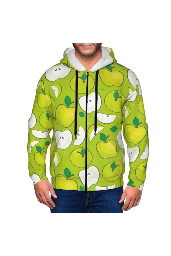 Green Apple Print Men Hoodies Casual Hoodies for Men with Zip Pockets Full Zip Long Sleeve Sweatshirt Sports Hooded Jacket-3X-Large