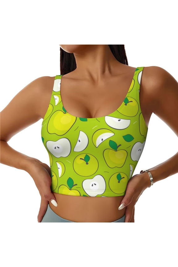 Green Apple Print Workout Crop Tank Top for Women Racerback Yoga Tank Tops Athletic Sports Shirts Exercise Undershirts
