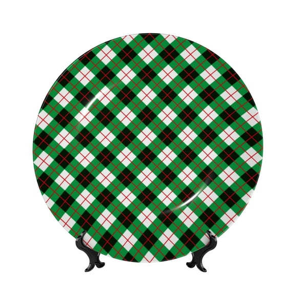 Kdxio Green Argyle Plaid Bone China Decorative Plate Ceramic Decorative Plate for Home Office Wall Stand Decorative Plates for Home Bedroom-7in
