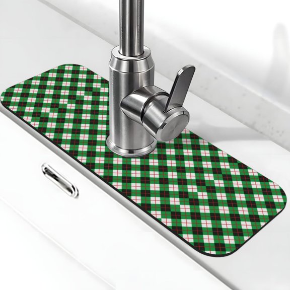 Kdxio Green Argyle Plaid Pattern Non-Slip Diatom Mud Faucet Drain Pad,Self Absorbent Mat for Kitchen Sink for Variety Kitchen & Bathroom Countertops