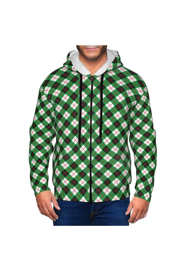 Green Argyle Plaid Print Men Hoodies Casual Hoodies for Men with Zip Pockets Full Zip Long Sleeve Sweatshirt Sports Hooded Jacket-X-Large