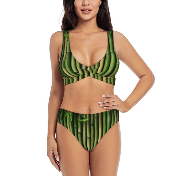 Kdxio Green Bamboo Fence1 Print Women's 2 Piece High Waisted Wrap Spaghetti Strap Summer Swimsuit Bikini Set-X-Large