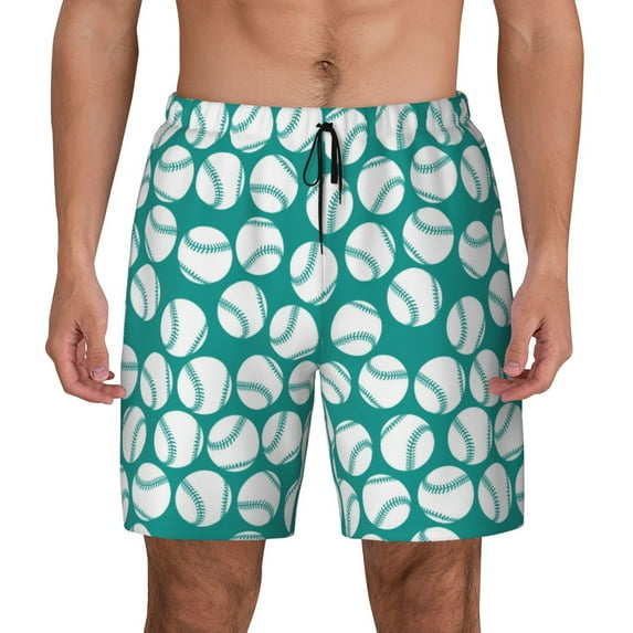 Kdxio Green Baseball Print Men's Swim Trunks with Compression Liner 7 Inch Inseam Quick Dry Swim Shorts