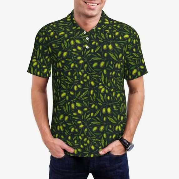 Kdxio Green Branch Olive Print Men's Short Sleeve Polo Shirt,Midweight Men's Shirt