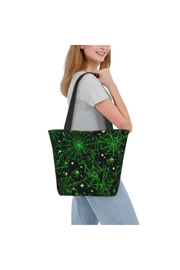 Green Bright Web with Spiders Women Reusable Grocery Bags Foldable Ripstop,Reusable Shopping Bags for Shopping,Gym,Gift