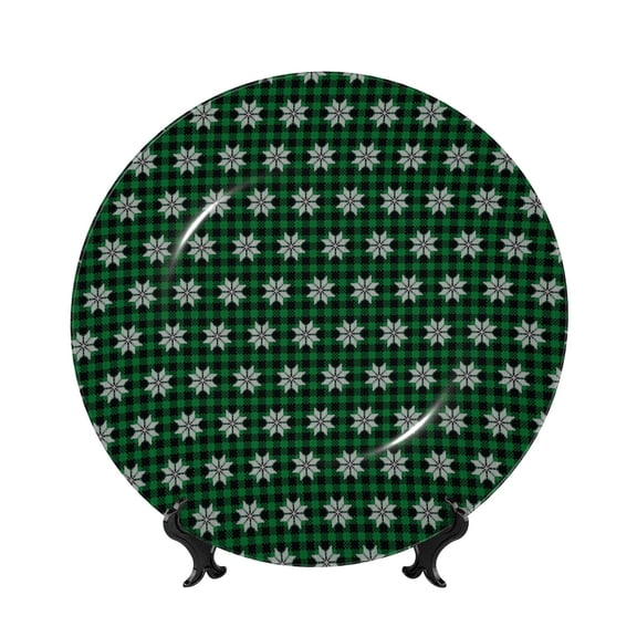 Kdxio Green Buffalo Plaid Merry Christmas Bone China Decorative Plate Ceramic Decorative Plate for Home Office Wall Stand Decorative Plates for Home Bedroom-10in