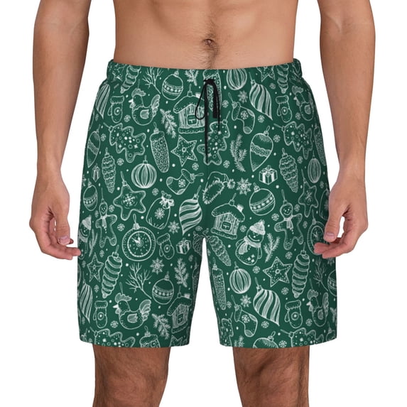 Kdxio Green Christmas Print Men's Swim Trunks with Compression Liner 7 Inch Inseam Quick Dry Swim Shorts