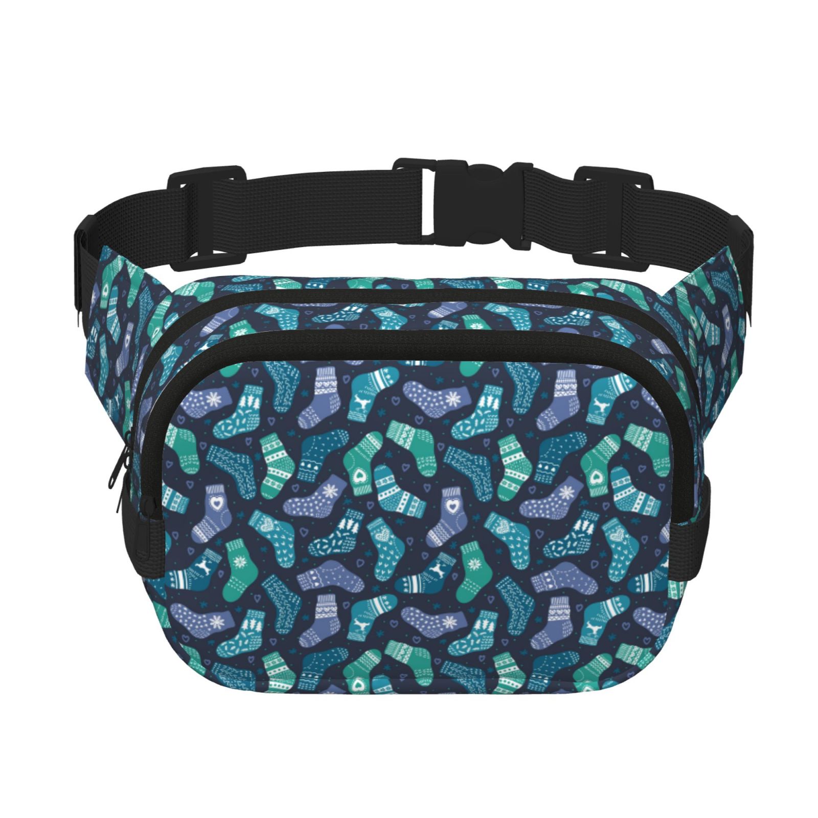 Kdxio Green Christmas Print Socks Crossbody Double Layer Waist Bag Belt Bag for Unisex Fanny Pack Fashion Waist Packs for Hiking Running Shopping Traveling