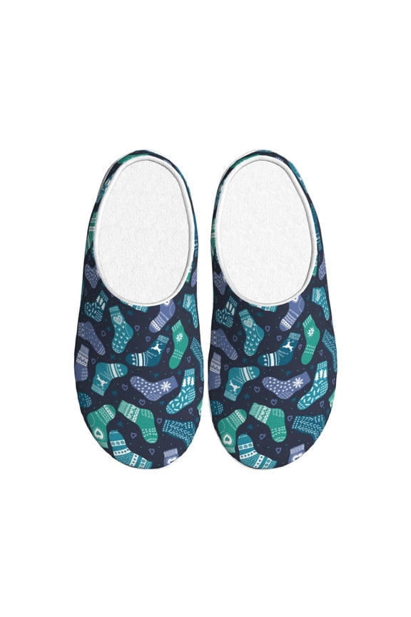 Green Christmas Print Socks Women's Men's Slippers Plush Slip-On House Slipper for Winter Indoor Soft Cushion Non-slip Fluffy Slides Slippers-8