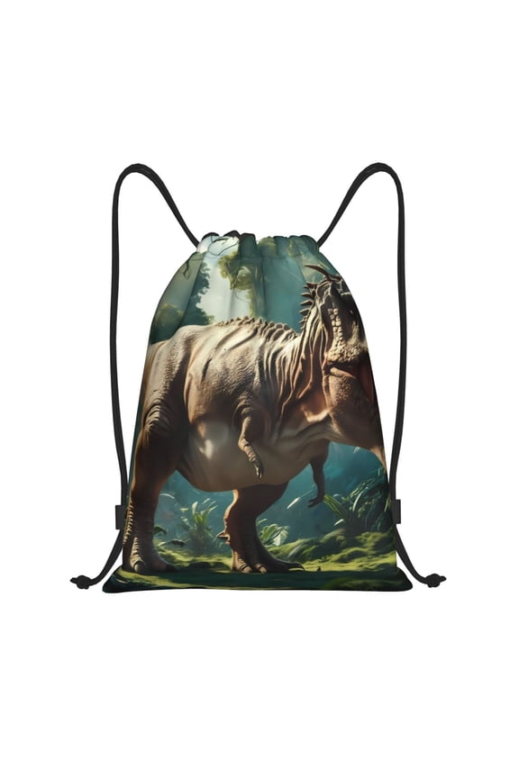Green Forest Dinosaur Print Drawstring Backpack Bag,Waterproof Draw String Back Sack, Gym Drawstring Bags Swim Bag For Unisex