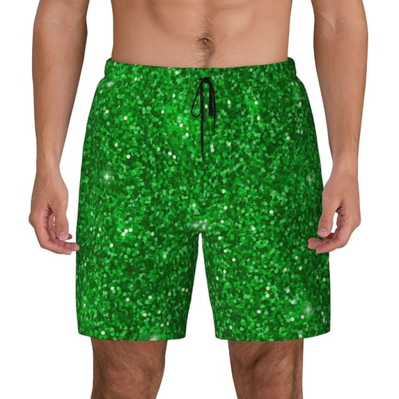 Kdxio Green Glitter Print Men'S Swim Trunks With Compression Liner 7 Inch Inseam Quick Dry Swim Shorts