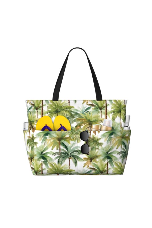 Green Hawaii Palms for Beach Bag for Women Large Beach Tote Bag Waterproof Sandproof Swim Bag with Zipper Pockets Beach Vacation Travel