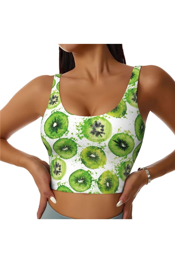 Green Kiwi Print Workout Crop Tank Top for Women Racerback Yoga Tank Tops Athletic Sports Shirts Exercise Undershirts