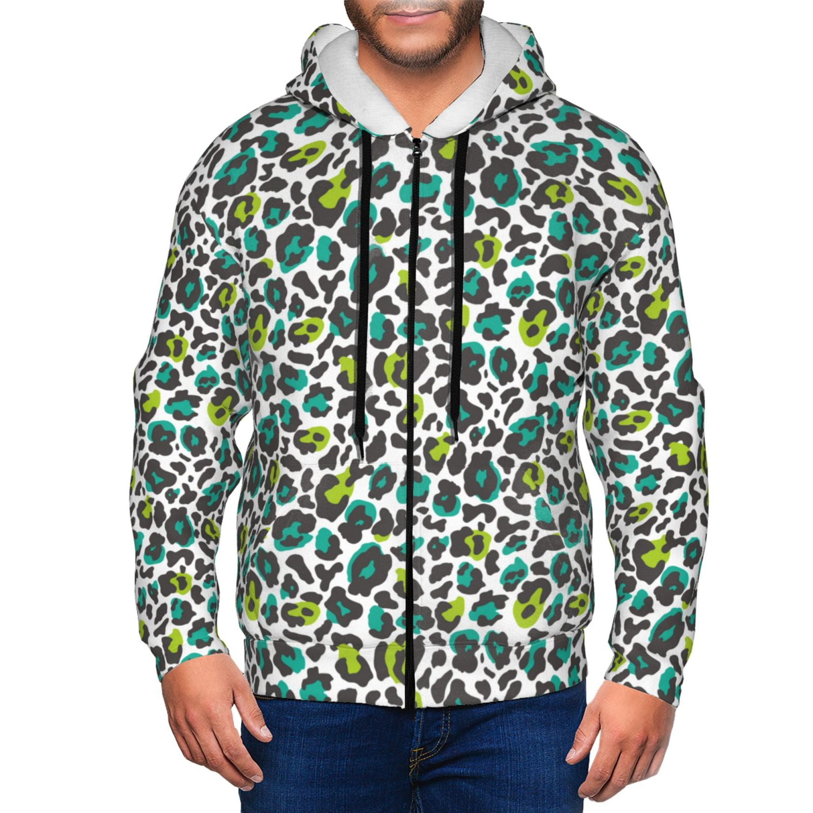 Kdxio Green Leopard Print Men Hoodies Casual Hoodies for Men with Zip ...
