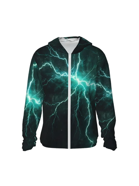 Green Lightning Flash Print Women Men Sun Protection UPF 50+ Jackets Zip Up Long Sleeve Hoodie Hiking Lightweight with Pockets