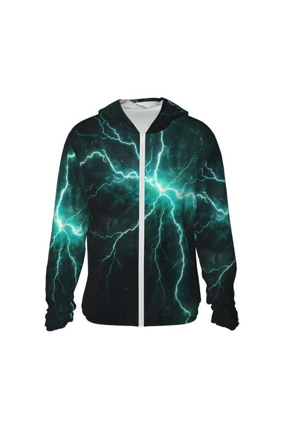 Green Lightning Flash Print Women Men Sun Protection UPF 50+ Jackets Zip Up Long Sleeve Hoodie Hiking Lightweight with Pockets