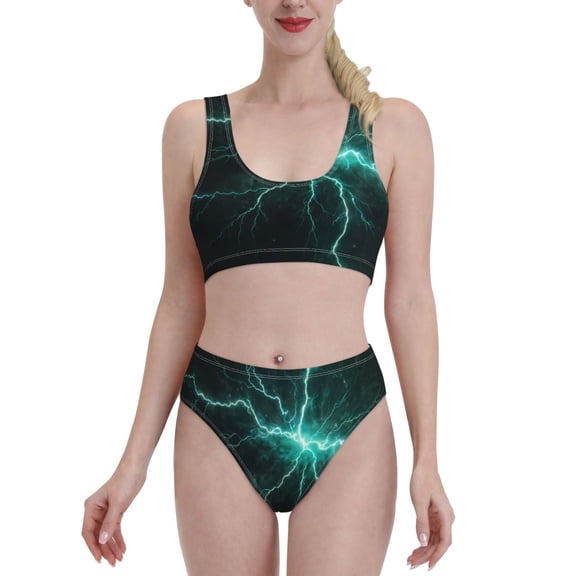 Kdxio Green Lightning Flash for Womens High Waisted Bikini Top Sports Style Two Piece Bathing Suits