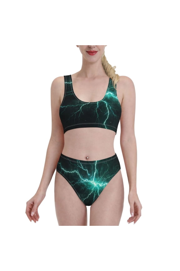 Green Lightning Flash for Womens High Waisted Bikini Top Sports Style Two Piece Bathing Suits