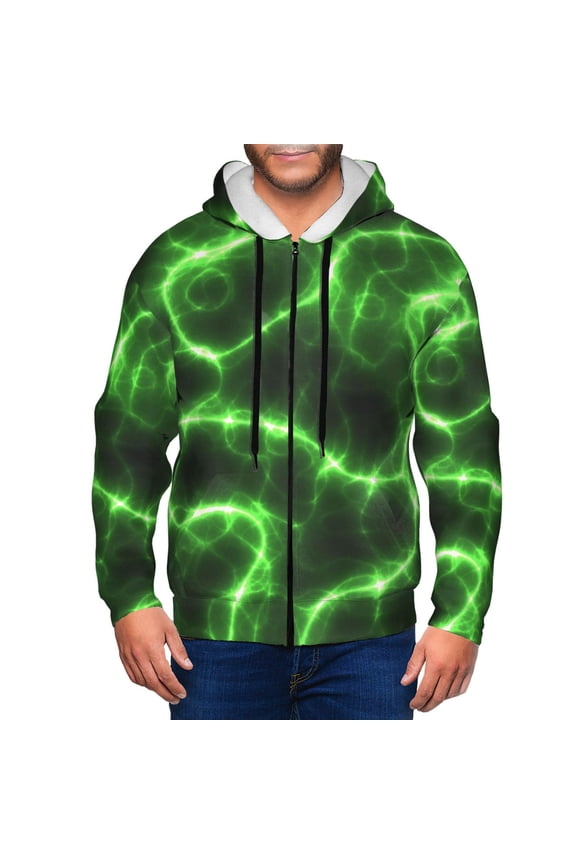 Green Lightning Print Men Hoodies Casual Hoodies for Men with Zip Pockets Full Zip Long Sleeve Sweatshirt Sports Hooded Jacket-Small