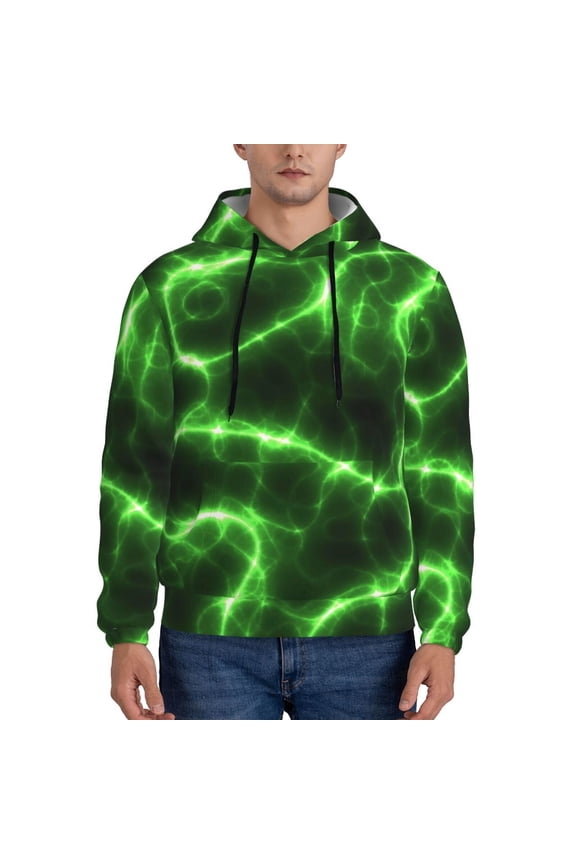 Green Lightning Print Mens Casual Hooded Collar Drawstring Hoodies Pullover Sweatshirts Casual Long Sleeve Shirts-Medium