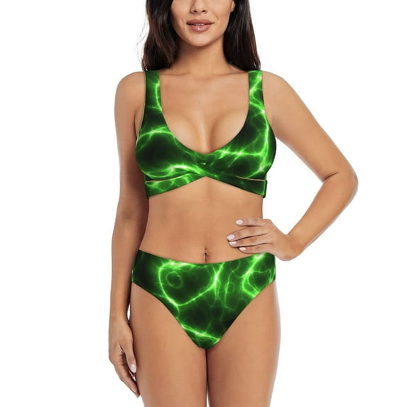 Kdxio Green Lightning Print Women's 2 Piece High Waisted Wrap Spaghetti Strap Summer Swimsuit Bikini Set-