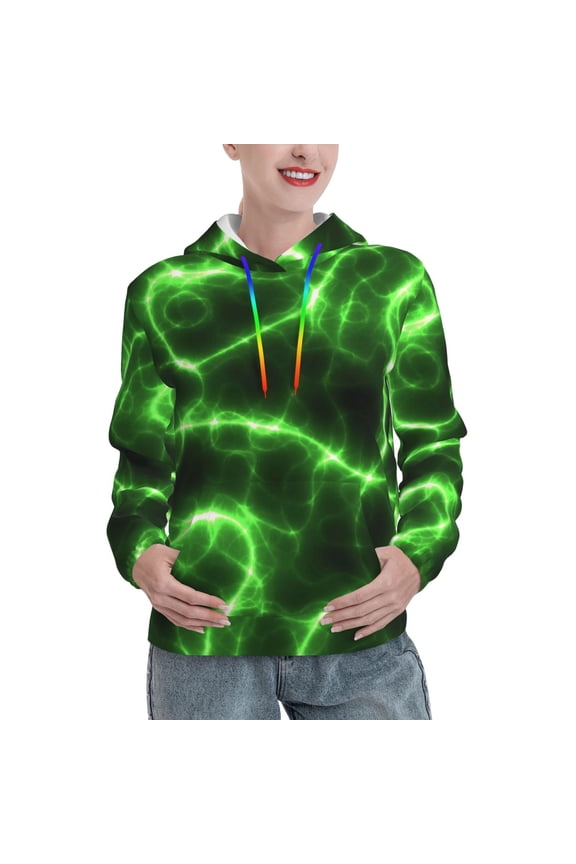 Green Lightning Print Womens Oversized Hoodies Sweatshirts Hooded Pullover Tops Sweaters Casual-Small