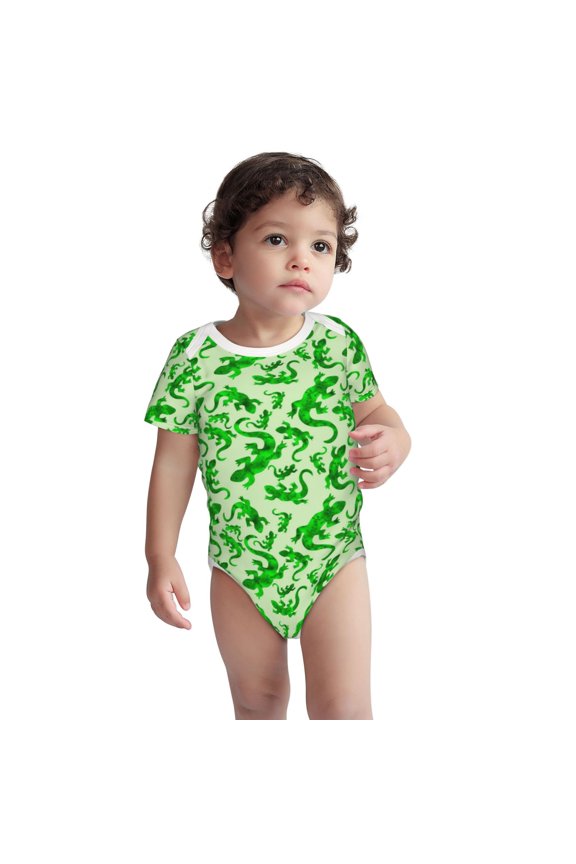 Green Lizard Pattern Unisex Baby Cotton Short Sleeve Bodysuits-2 Years