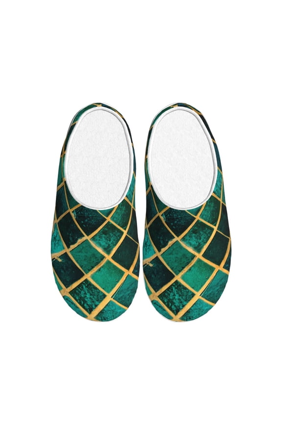 Green Mosaic Glass Women's Men's Slippers Plush Slip-On House Slipper for Winter Indoor Soft Cushion Non-slip Fluffy Slides Slippers-39/40
