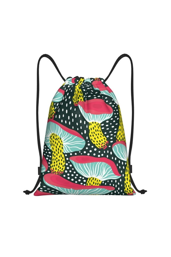Green Mushroom Print Drawstring Backpack Bag,Waterproof Draw String Back Sack, Gym Drawstring Bags Swim Bag For Unisex