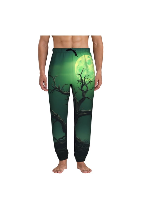 Green Night Sky Moon Branches Pattern Joggers,Sweatpants for Men with Pockets-Large