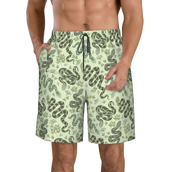 Kdxio Green Snake Pattern Mens Casual Shorts - Drawstring Summer Beach Sports Shorts for Men