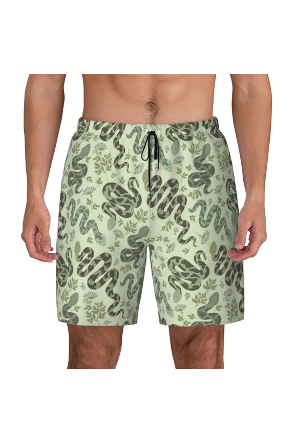 Green Snake Print Men's Swim Trunks with Compression Liner 7 Inch Inseam Quick Dry Swim Shorts