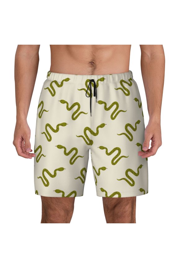 Green Snake Print Men's Swim Trunks with Compression Liner 7 Inch Inseam Quick Dry Swim Shorts