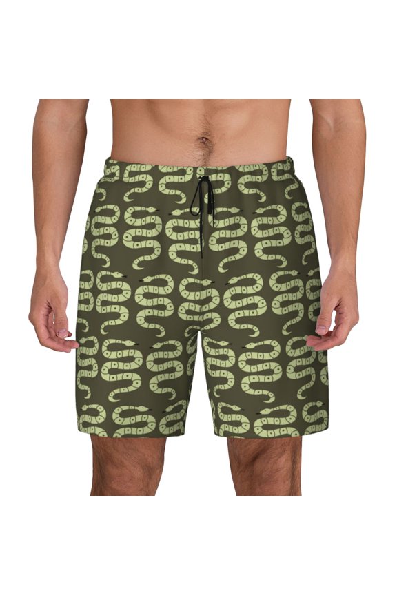 Green Snake Print Men's Swim Trunks with Compression Liner 7 Inch Inseam Quick Dry Swim Shorts