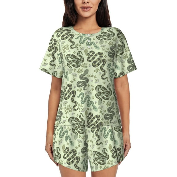 Kdxio Green Snake Print Pajamas Sets for Women Short-Sleeved Pjs with Lounge Shorts Two Piece Sleepwear S-4XL