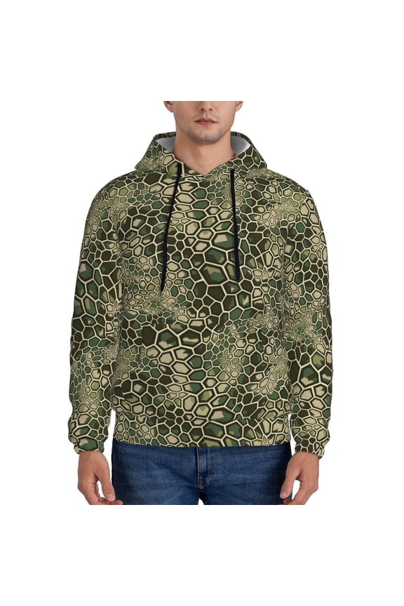 Green Snake Skin Print Mens Casual Hooded Collar Drawstring Hoodies Pullover Sweatshirts Casual Long Sleeve Shirts-Medium