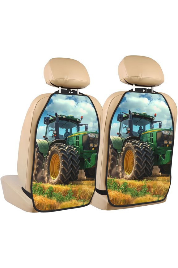 Green Tractor Field Print 2 Pack Car Kick Mat Seat Cover Back Protector Mat with Pockets for Organizer Backseat Protector and Storage Anti Kick Pad for Vehicles