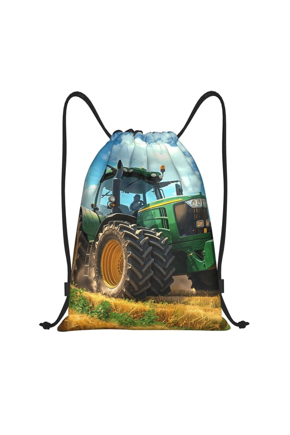 Green Tractor Field Print Drawstring Backpack Bag,Waterproof Draw String Back Sack, Gym Drawstring Bags Swim Bag For Unisex