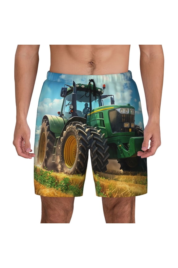 Green Tractor Field Print Men's Swim Trunks with Compression Liner 7 Inch Inseam Quick Dry Swim Shorts