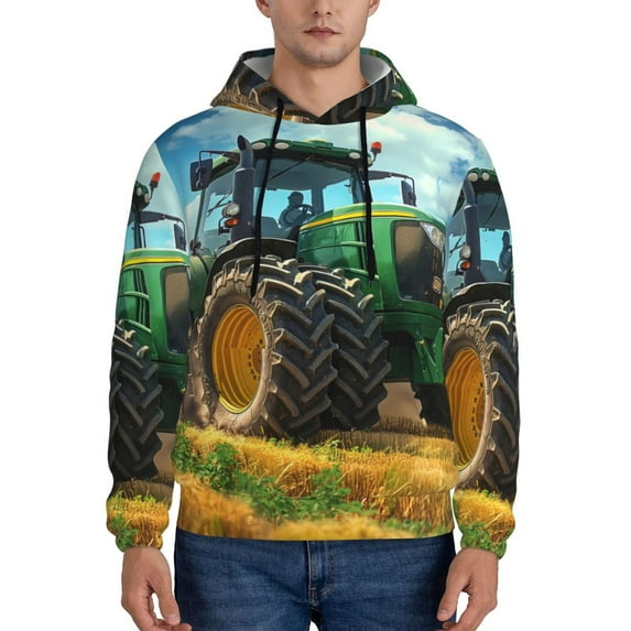 Kdxio Green Tractor Field Print Mens Casual Hooded Collar Drawstring Hoodies Pullover Sweatshirts Casual Long Sleeve Shirts-XX-Large