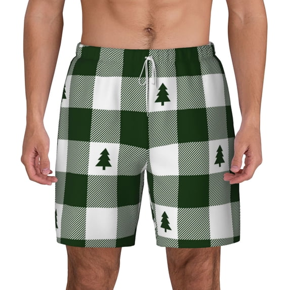 Kdxio Green Tree Lumberjack Plaid Print Men'S Swim Trunks With Compression Liner 7 Inch Inseam Quick Dry Swim Shorts