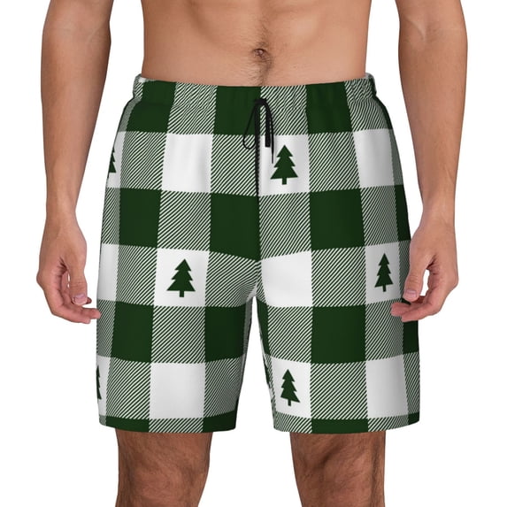 Kdxio Green Tree Lumberjack Plaid Print Men'S Swim Trunks With Compression Liner 7 Inch Inseam Quick Dry Swim Shorts