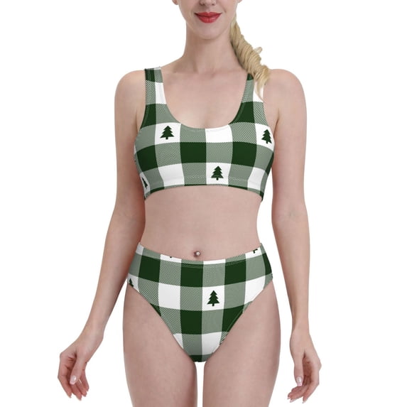 Kdxio Green Tree Lumberjack Plaid for Womens High Waisted Bikini Top Sports Style Two Piece Bathing Suits