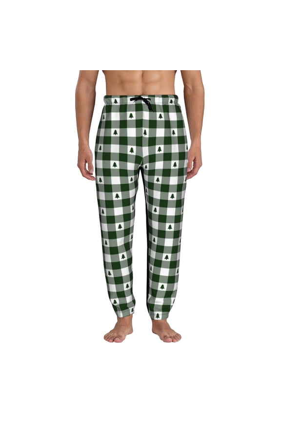 Green White Christmas Tree Lumberjack Plaid Pattern Joggers,Sweatpants for Men with Pockets-